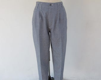 90s All Cotton Plaid Cropped Pleated High Waist Trousers | Checkered Check Cotton Pants | Minimalist High Rise Pants | 26
