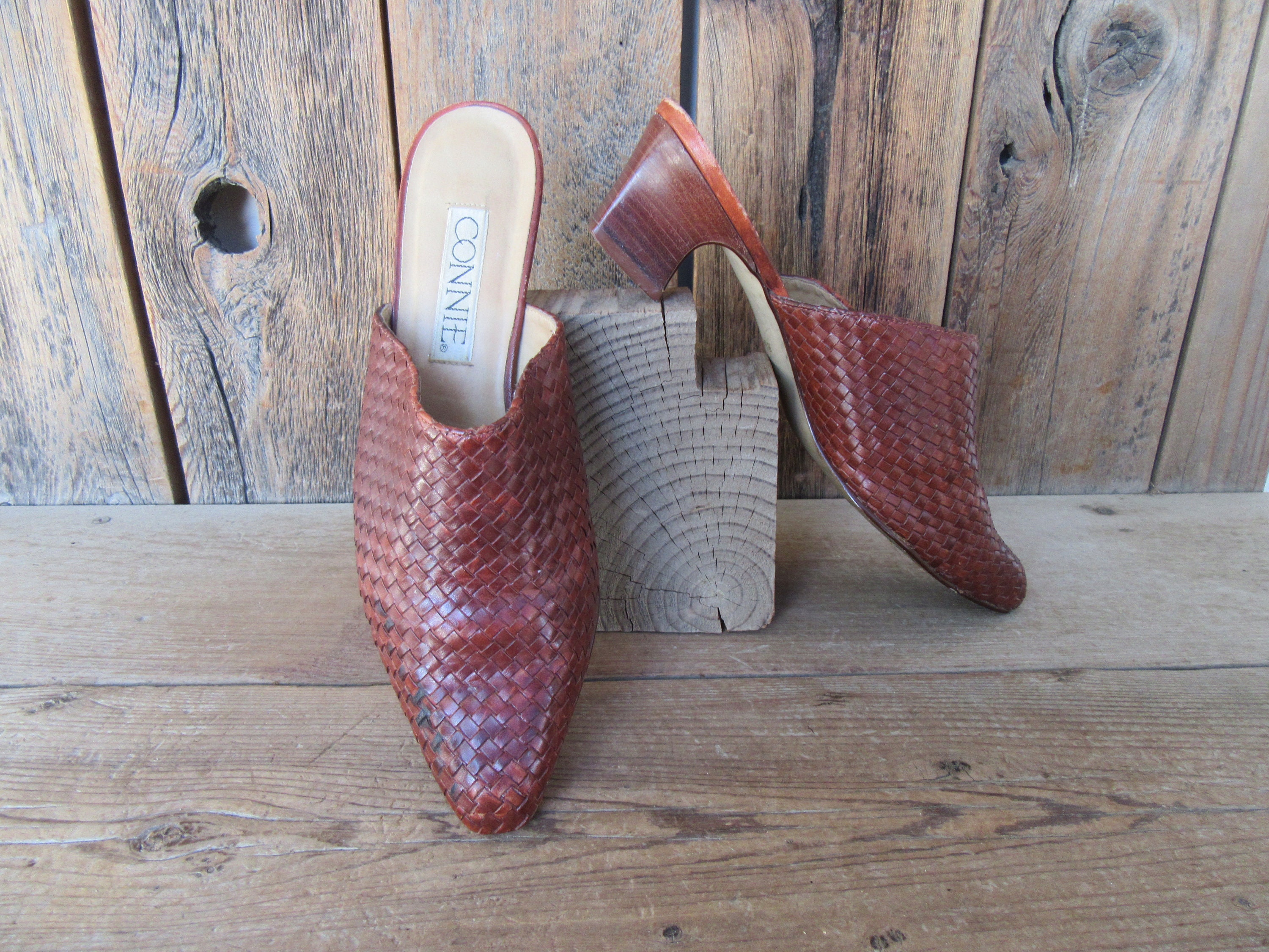 leather woven clogs
