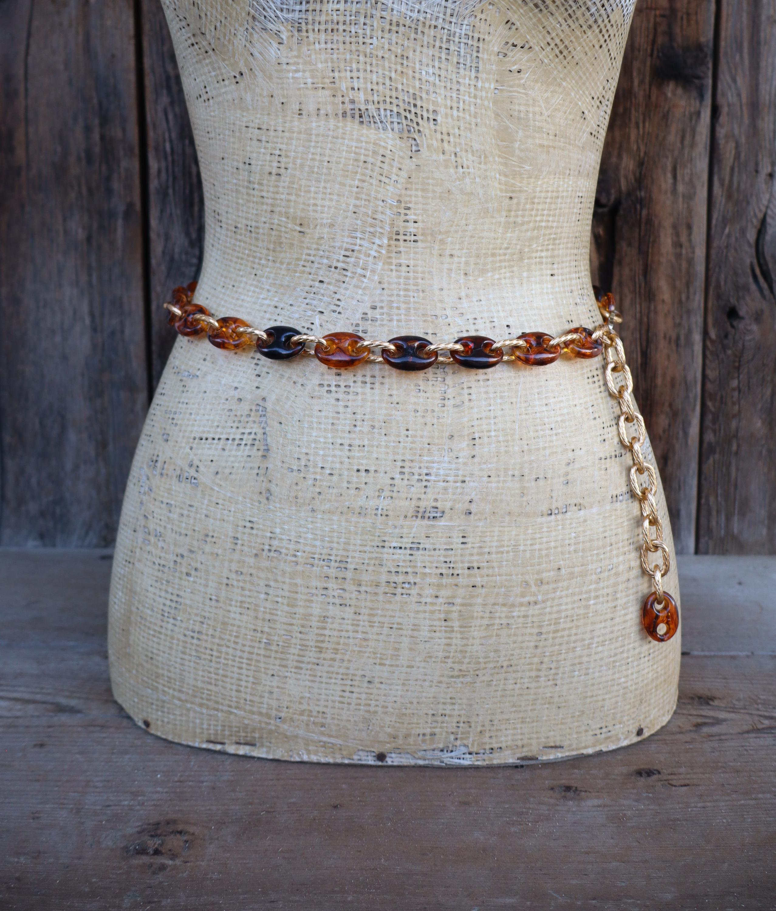 Vintage Wood & Gold Chain Belt 1970’s Chain Belt. 1970s. Round Brown Plastic Rings and Gilded  main image 3