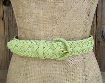 90s Lime Green Woven Leather Waist Belt | Minimal Braided Leather Trouser Belt | XS S M 22 24 26 28 30