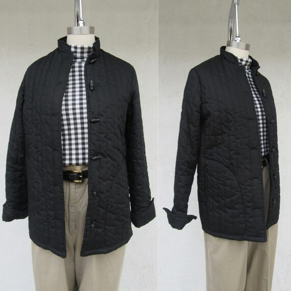 80s Black Cotton Quilted Jacket | Quilted Asian Fl