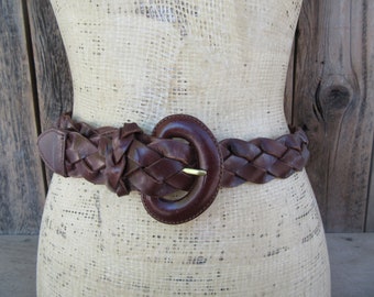 80s 90s ESPRIT Dark Cinnamon Brown Woven Leather Belt | Woven Braided Leather Waist Belt | M fits up to 31