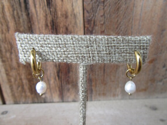 90s Earrings | Dainty Gold Tone Faux Pearl Dangle… - image 2