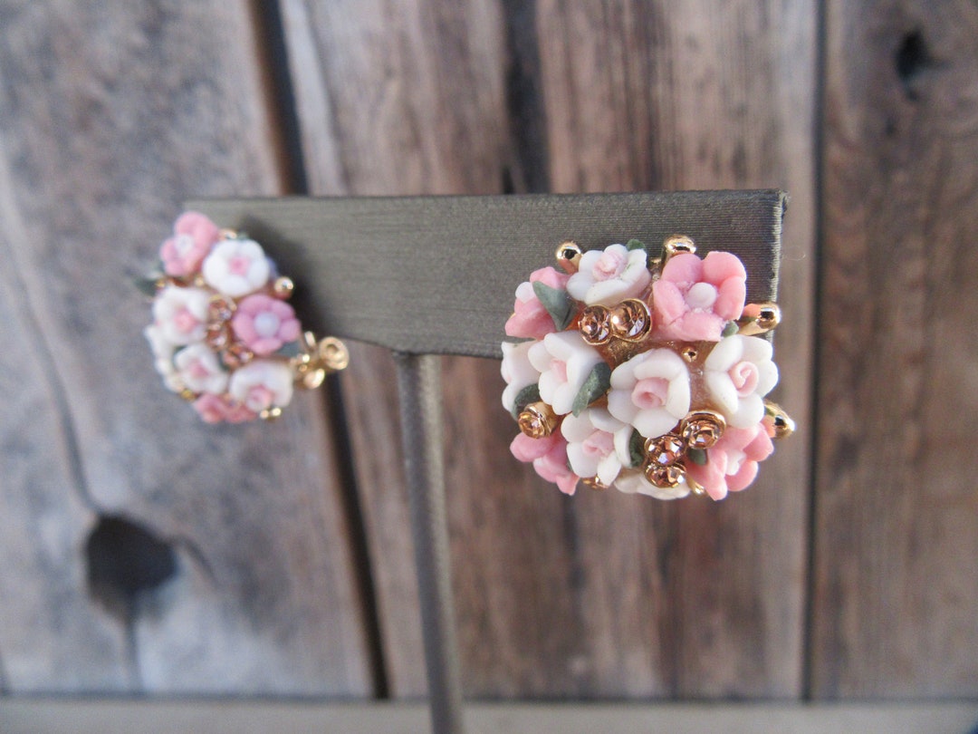 90s Rose Bud Earrings Floral Resin Earrings Flower Earrings Bejeweled