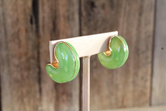 90s Lime Green Resin Chunky Gold Tone Hoop Earrings