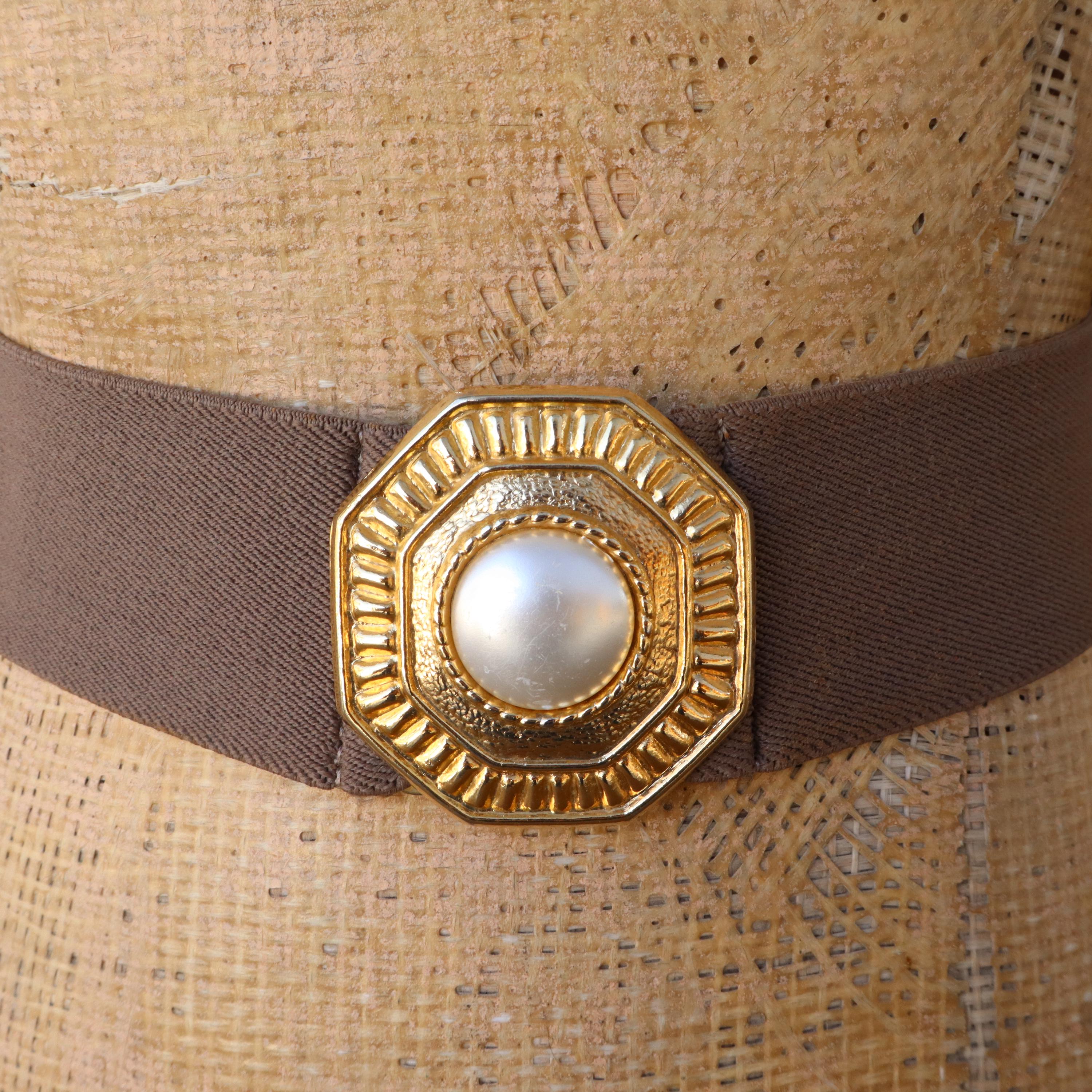 80s Brown Wide Waist Stretch Belt | Pearl Buckle Taupe  display picture 2