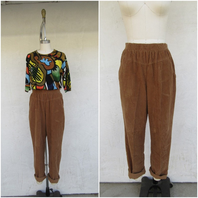 90s Brown Sugar Corduroy All Cotton Easy Pants MInimalist Textured Cotton Lounge Pants M L 27 to 32 Waist