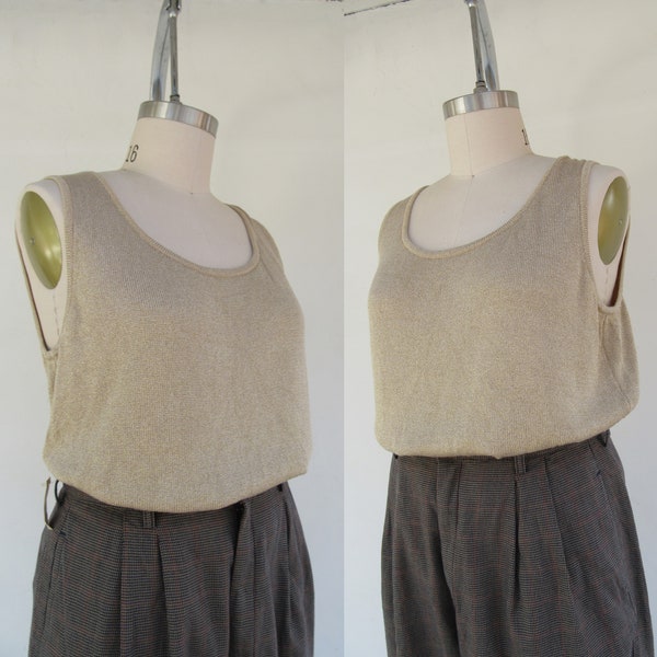 90s ST JOHN Knit Shell Tank | Minimalist Knit Sweater Top | Business Casual 1990s Sleeveless Gold Knit Top Shirt | Plus Size
