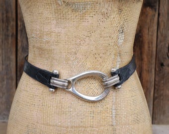 1990s Moc Croc Croco Black Leather Silver Hook Waist Belt Size Medium 26 to 38