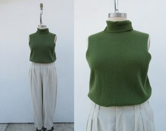 PLUS SIZE Ribbed 90s Green Sleeveless Cashmere Cowl Neck Sweater Top | Rollneck Cashmere Shell Top | Minimal Turtleneck Sweater Top | 2X