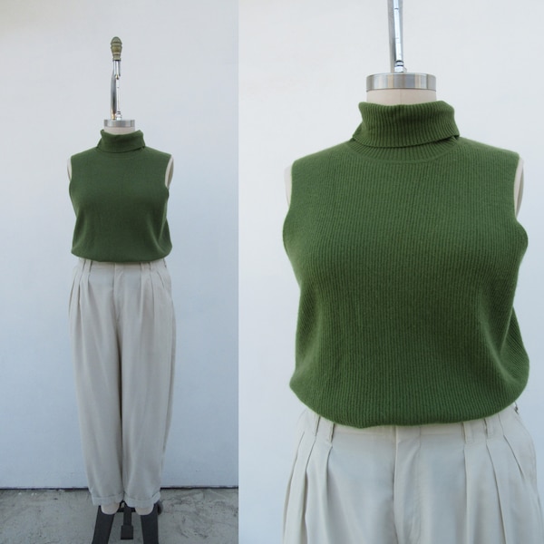 PLUS SIZE Ribbed 90s Green Sleeveless Cashmere Cowl Neck Sweater Top | Rollneck Cashmere Shell Top | Minimal Turtleneck Sweater Top | 2X