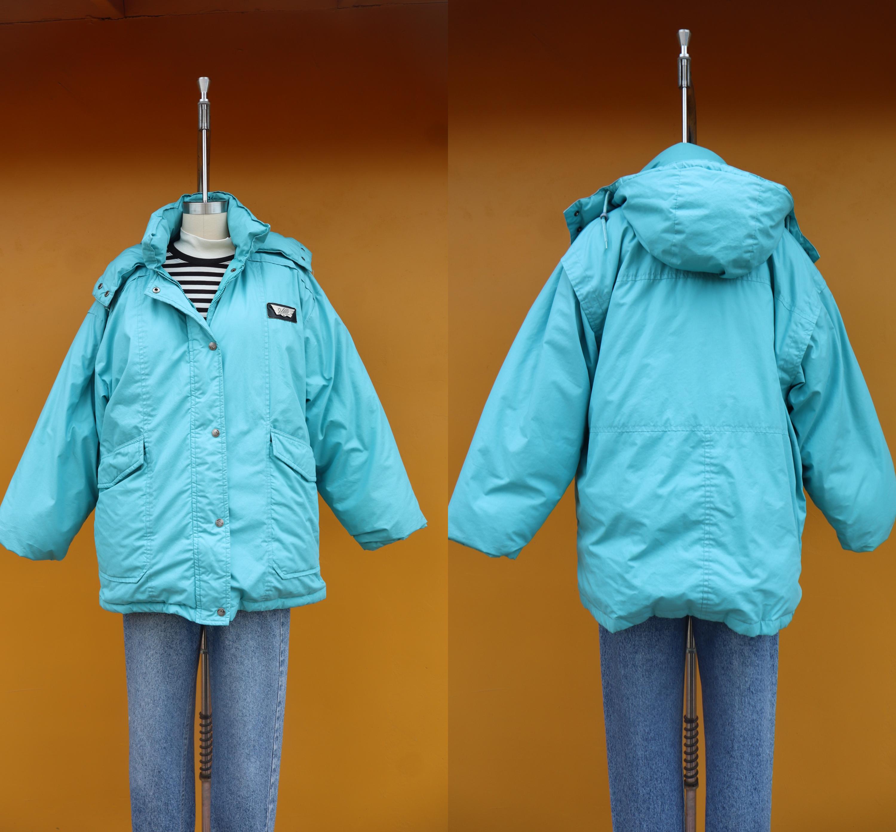 80s 90s Hooded Teal Blue Green Puffy Parka Winter Jacket | Down 