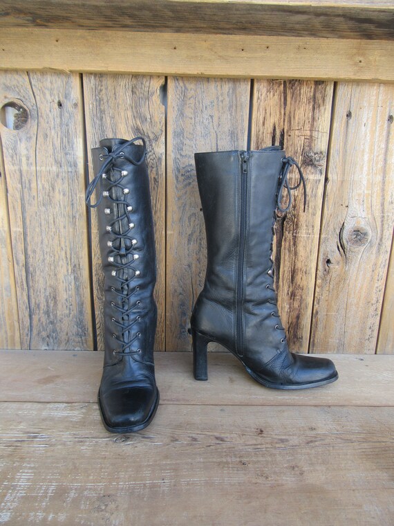 90s Black Leather Square Heel Knee HIgh Granny Boo
