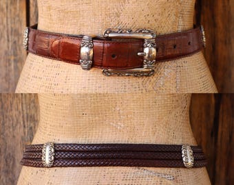 90s Brighton Moc Croc Croco Cognac Brown Woven Braided and Croco Leather Southwest Western Cowgirl Concho Belt | 28 to 32 Size Medium