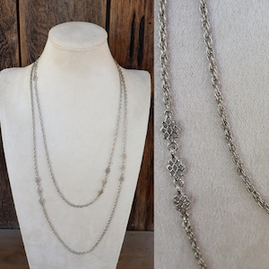 70s Long Silver Tone Layering Chain Statement Necklace | Geo Motif Mod 54&quot; long Necklace