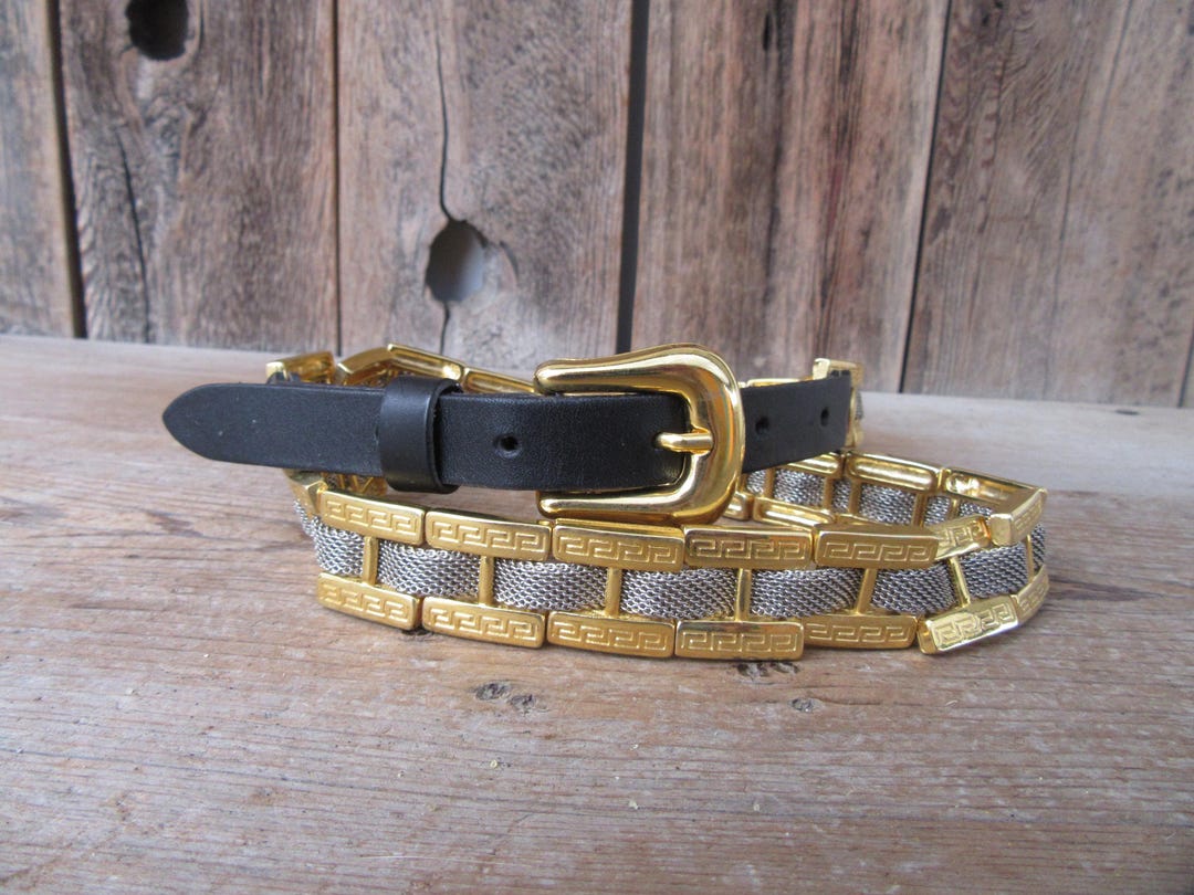 80s 90s Metal Mesh and Black Leather Belt | Silver Metal Belt | Chain ...