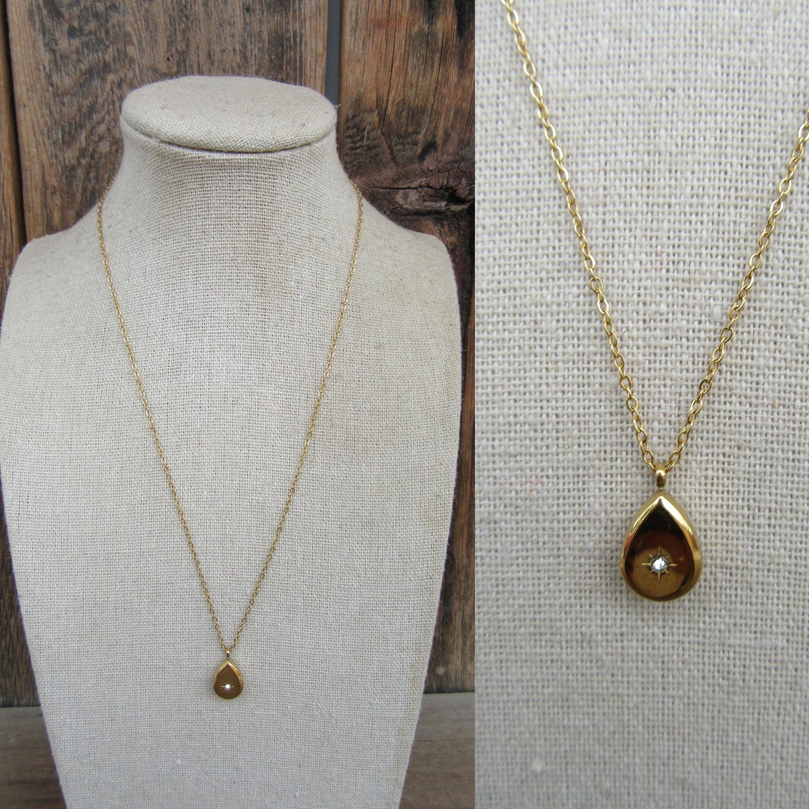 90s Dainty Bejeweled Gold Tone Teardrop Pendant | 18