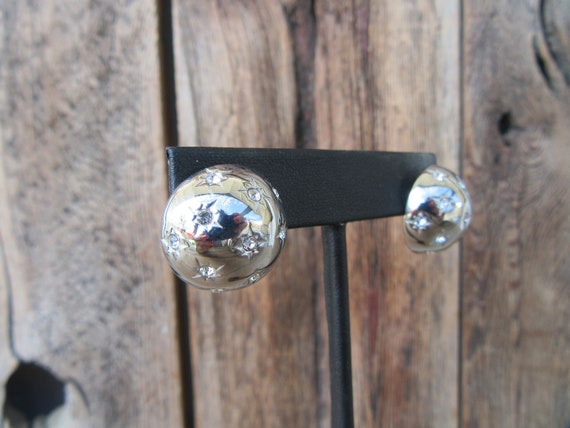 90s SilverTone Bejeweled Chunky Button Earrings  … - image 3