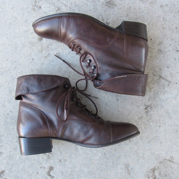 1990s Brown Leather Granny Boots | 90s Leather Lac