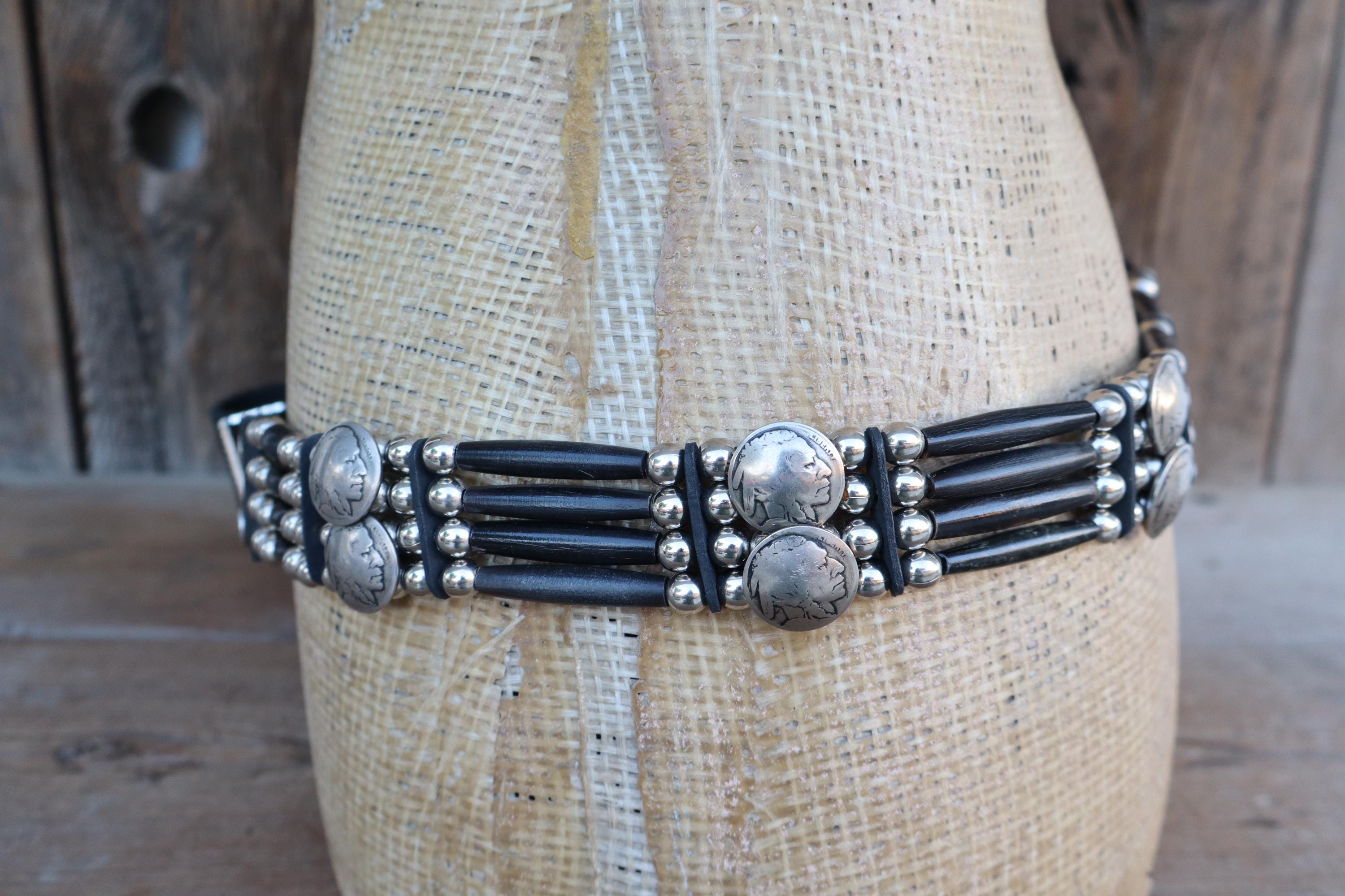 80s 90s Black Leather Buffalo Nickel Beaded Ranger Buckle 