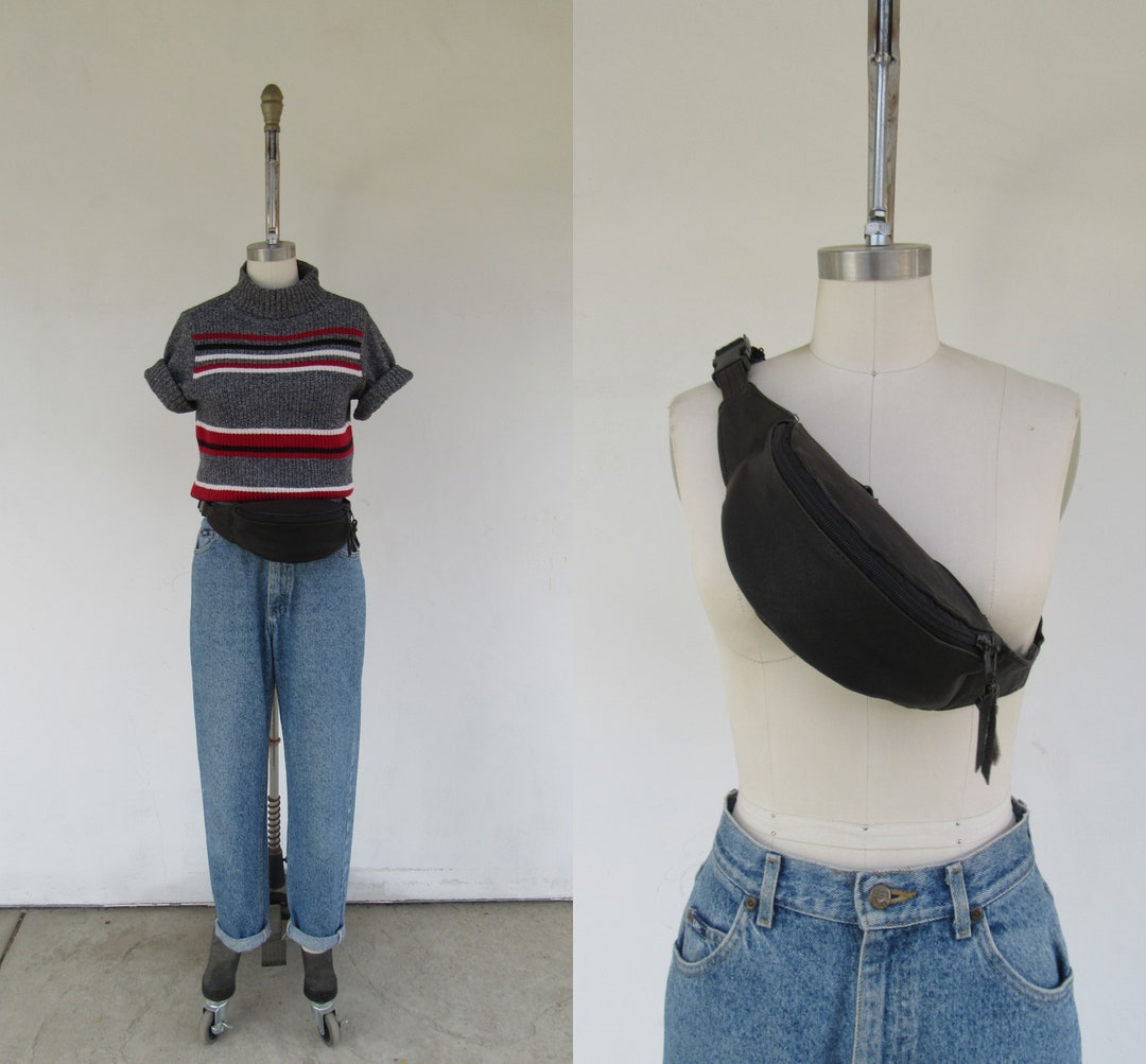90s Black Leather Fanny Pack 80s Black Leather Bum Bag Etsy