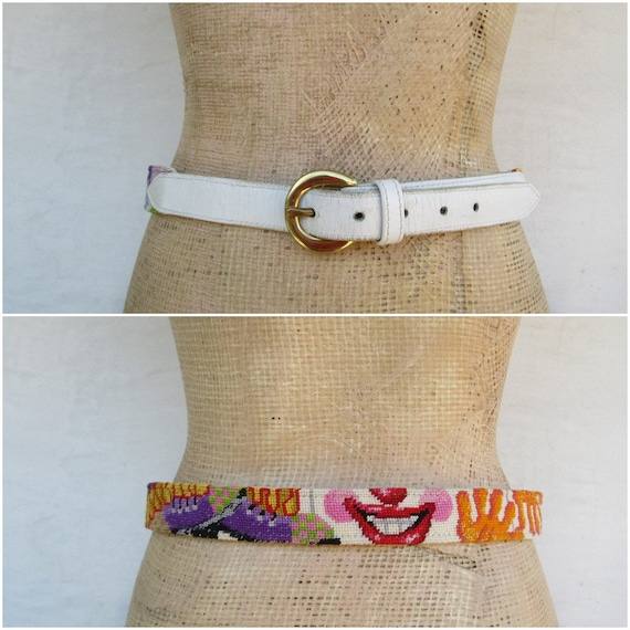 White Leather Embroidered Clown Face Belt | Clown