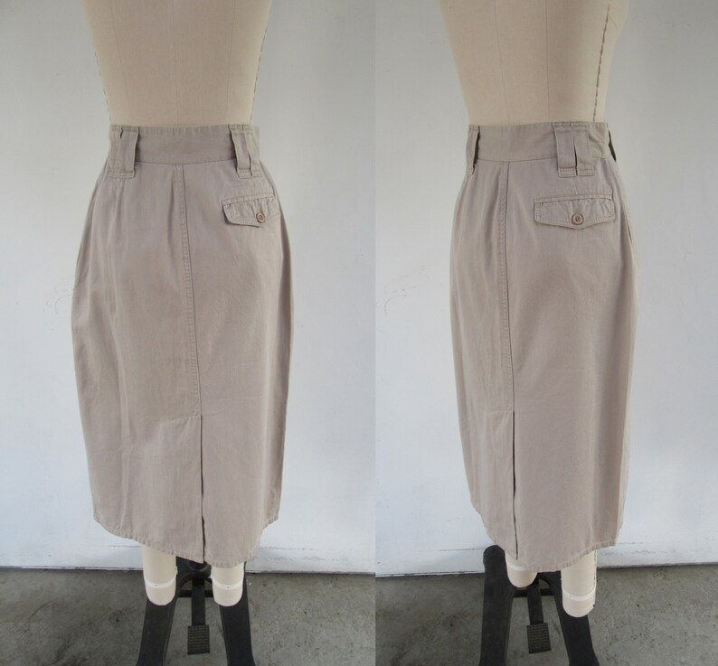 PETITE 80s 90s Khaki All Cotton Pleated High Waist Midi Skirt 25 Waist image 8