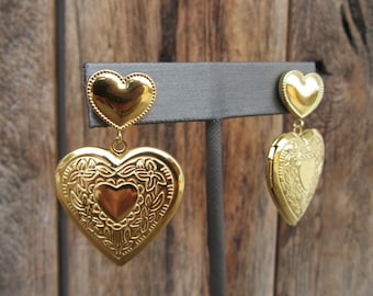 90s Gold Tone Earrings | Heart Locket Dangle Earrings | Etched Heart Statement Earrings