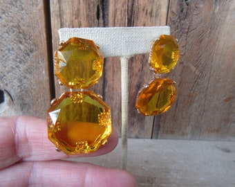 90s Large Faceted Jewel Earrings | Dangle Faceted Yellow Orange Rhinestone Earrings | Large Marigold Jewel Earrings | 1990s Glam Earrings