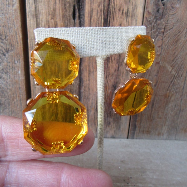 90s Large Faceted Jewel Earrings | Dangle Faceted Yellow Orange Rhinestone Earrings | Large Marigold Jewel Earrings | 1990s Glam Earrings