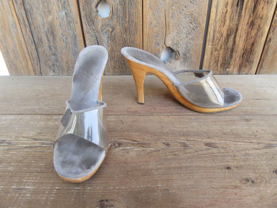 70s Wood Heel Transparent Jelly Slides Sandals Pl… - image 1