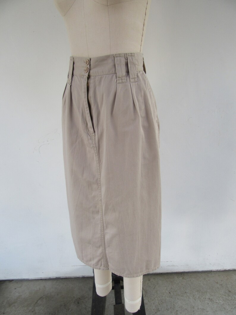 PETITE 80s 90s Khaki All Cotton Pleated High Waist Midi Skirt 25 Waist image 6