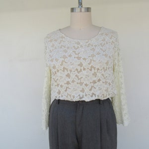 PLUS SIZE 90s Cream Lace Tee Shirt | Minimalist Long Sleeve Lace Blouse | Semi Sheer See Through Lace Top Shirt | Neutral Shell Top