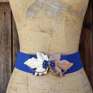 80s Royal Blue Wide Waist Belt | 2&quot; Wide Stretch Belt | Cinch Belt | Gold Tone Metal Buckle Beaded Leaf Buckle Elastic Belt | 36 or smaller