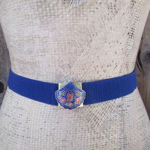 80s Royal Blue Stretch Belt | Cinch Belt | Cloisonne Enamel Butterfly Shell Shaped Metal Buckle Belt | M L up to 36 or smaller