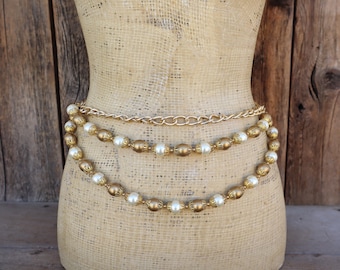 80s Gold Tone Metal Draped Chain Belt | Lariat Tassel Gold 