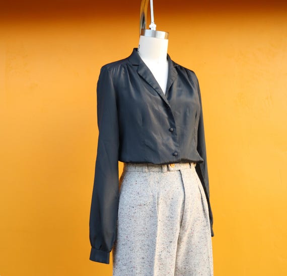 80s Black Button Front Button Blouse | Silky Butt… - image 7