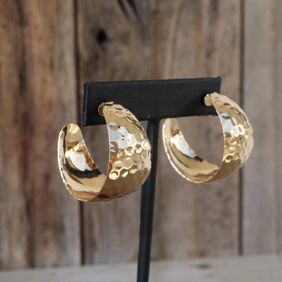 90s Pounded Gold Tone Chunky Fat Wide Lightweight Stud Back Modernist ...