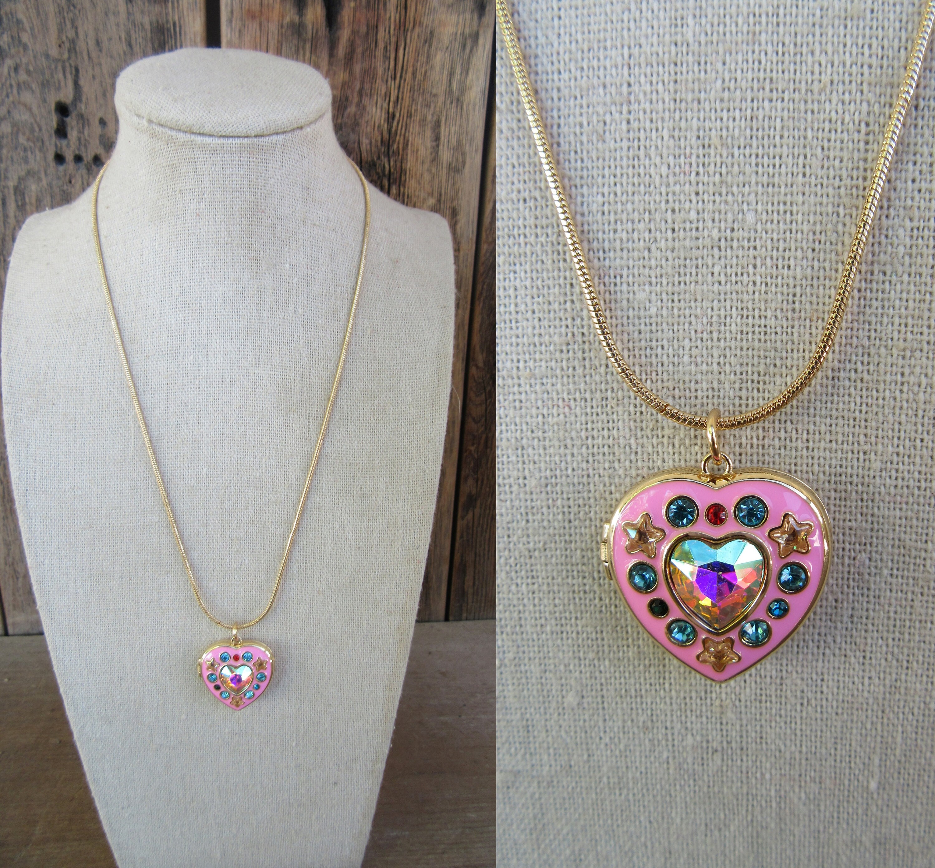 Y2K Bejeweled Enamel Heart Locket Pendant Pink Enamel Heart Necklace Dainty Gold Chain Heart and Star Rhinestone Locket Necklace Etsy