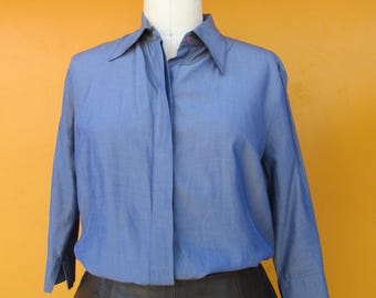 90er Jahre Esprit de Corp Blaue Bluse mit Knopfleiste | Button Down Top mit drei Vierteln Ärmeln | XL