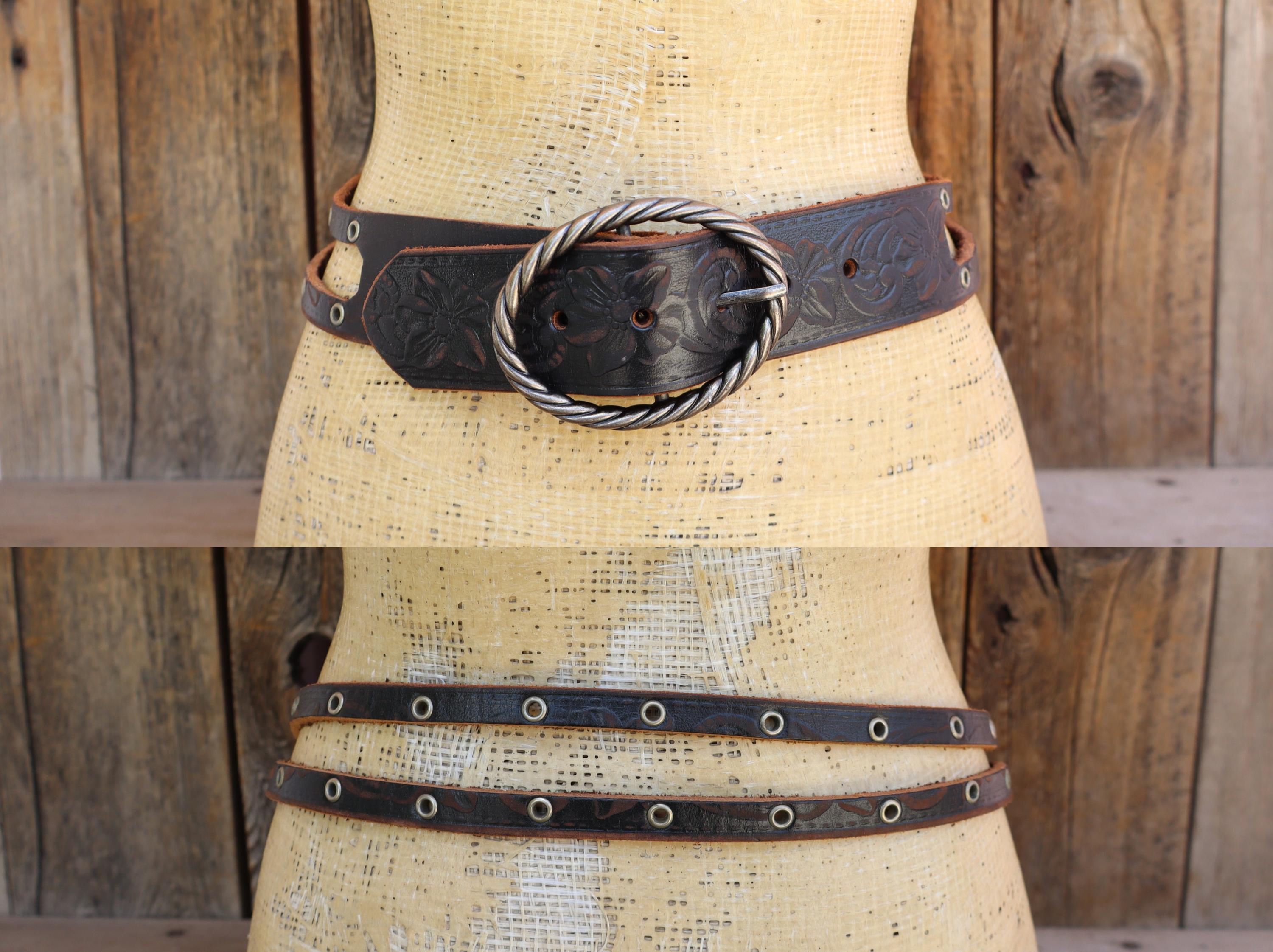 Vintage 1970s Handmade Leather Ring Link Belt Boho Western Hippie Hip Tie 34\