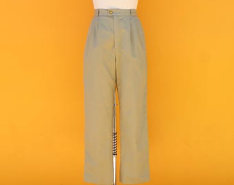 80s 90s Cotton Blend Green High Rise Waist Tapered Khakis | Pleated Pants Slacks Trousers | 28 Waist
