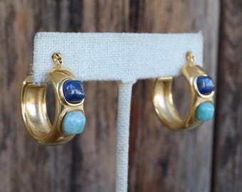90s Gold Tone Hoops | Bejeweled Multicolor Cabochon Hoop Earrings | Chunky Lever Back Hoops | Modernist Wide Fat Hoops