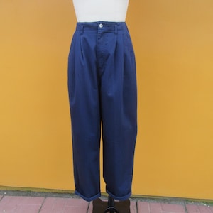 90s Pleated Navy Blue All Cotton High Rise Waist Trousers | Minimalist Business Casual Chinos Slacks  | Tapered Prep Preppy Pants | 27 x 30