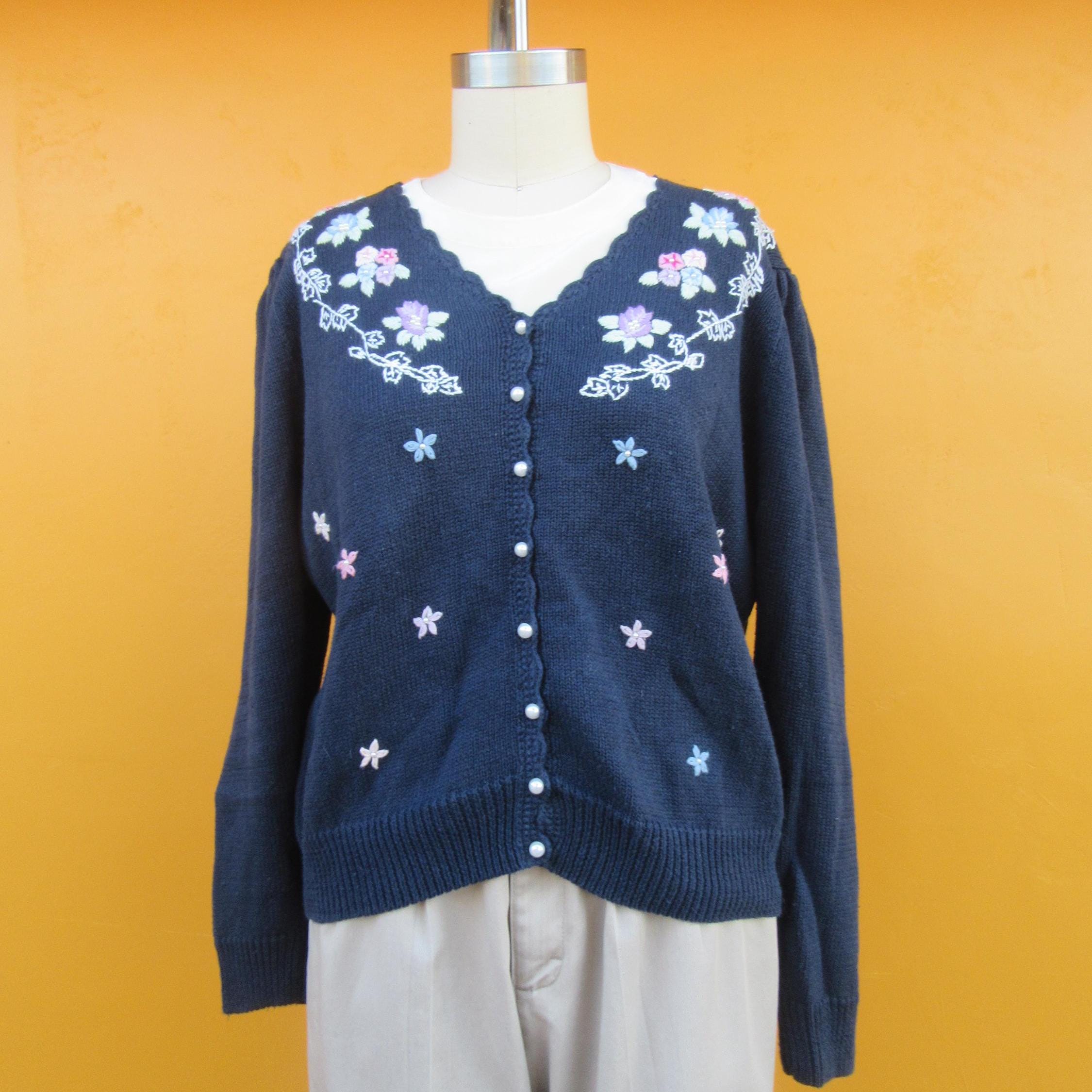 Pull Vintage Anne Fewlass Années 80 - Cardigan Perles Main Crochet - Taille XS Rare
