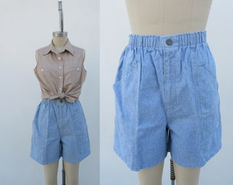 80s 90s High Waist Pleated Denim Mom Shorts | High Rise Micro Grid Jean Shorts | Pleated Longline Bermuda Cotton Shorts | 25 to 30Waist