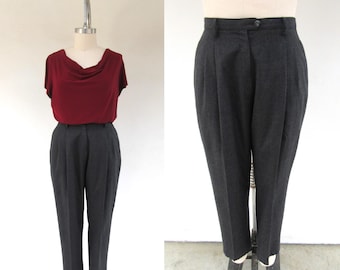 90s Wool High Waist Pleated Charcoal Trousers | Officecore High Rise Slacks | Dark Academia Gray Pants | 32 Waist | Size 16 PLUS SIZE