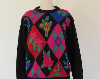 80s 90s Cottagecore Sweater | Wool Blend Flower Floral Jumper | Medium