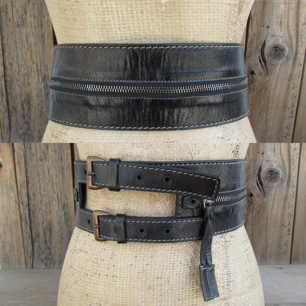 80s 90s Francesco Biasia All Leather Wide Zipper Black Waist  display picture 3