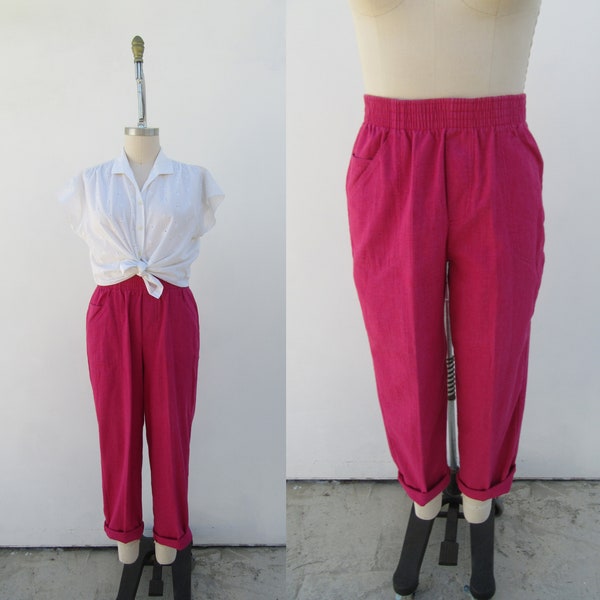 PLUS SIZE 80s 90s Fuchsia Linen Look Pink Easy High Waist Pants | Hot Pink Mom Pants | Baggy Pull on Pants | 31 to 36 Waist